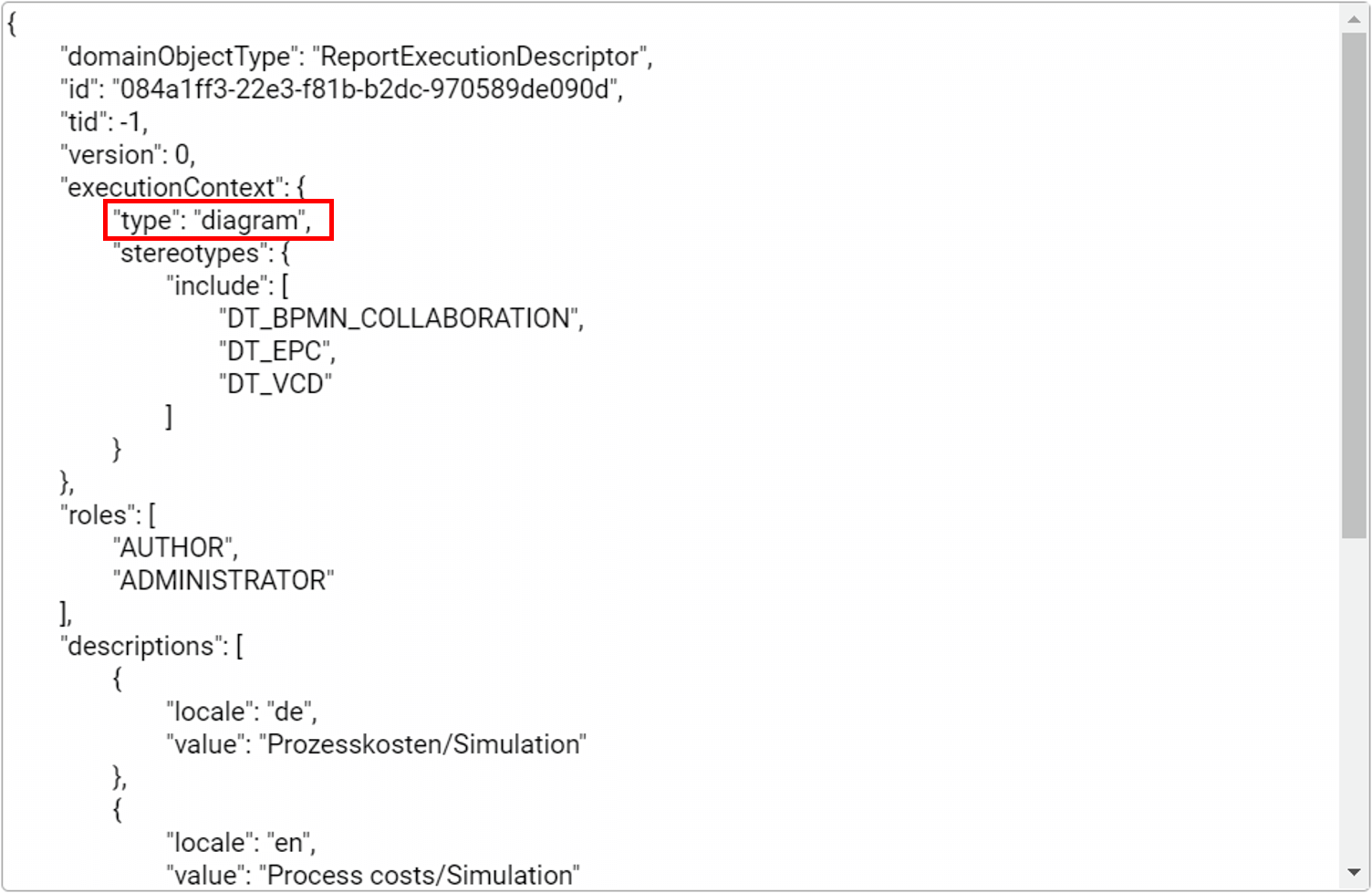 Dieser Screenshot hebt die Variable ""type": "diagram"" hervor.