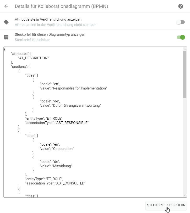 Hier werden die Details und Einstellungsmöglichkeiten für Kollaborationsdiagramme (BPMN) im Administrationsbereich dargestellt.