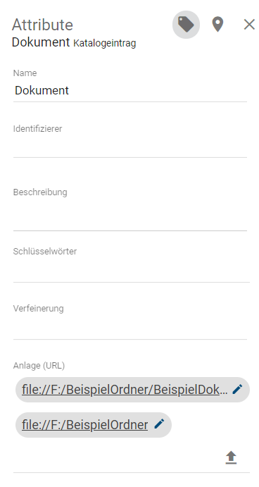 Der Screenshot zeigt das Attribut "Anlage (URL)" in dem zwei Links angelegt wurden.