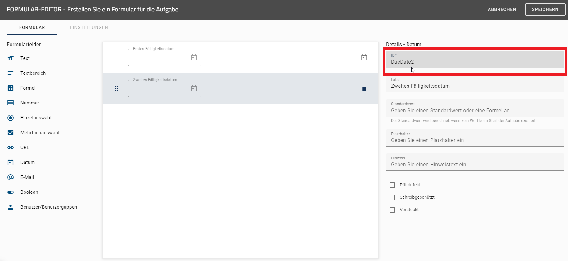 Der Screenshot zeigt den Formular Editor mit der deklarierten Datumsfeld-ID.