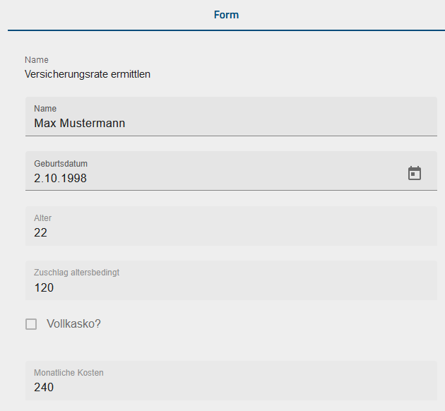 Diese Abbildung zeigt das Formular in BIC Process Execution.