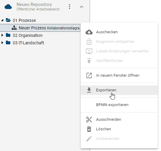 Der Screenshot zeigt die Schaltfläche "Exportieren" im Kontextmenü eines Diagramms.