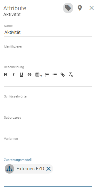 Dieser Screenshot zeigt das Attribut *Zuordnungsmodell* FZD in den Details einer Aktivität, der ein externes FZD zugeordnet wurde.