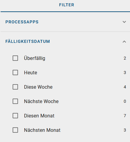 Der Screenshot zeigt die Filteroption nach Fälligkeitsdatum.