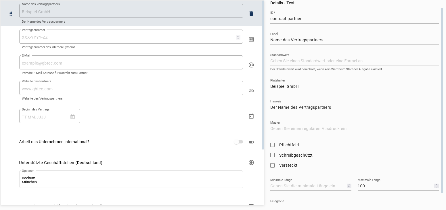Der hier aufgeführte Screenshot zeigt die Detailübersicht des Formularfelds Text.