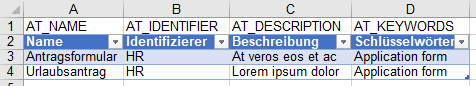 Der Screenshot zeigt ein Excel Beispiel für den Katalog Import ohne Entity ID.