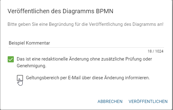 Der Screenshot zeigt das Dialogfenster, in dem Sie bestimmen können, ob der Geltungsbereich über die Änderung per E-Mail informiert werden soll.