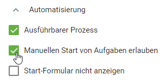 Der Screeshot zeigt die ausgewähle Checkbox "Manuellen Start von Aufgaben erlauben".