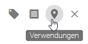 Der Screenshot zeigt die Schaltfläche "Verwendungen" in der Detailleiste.
