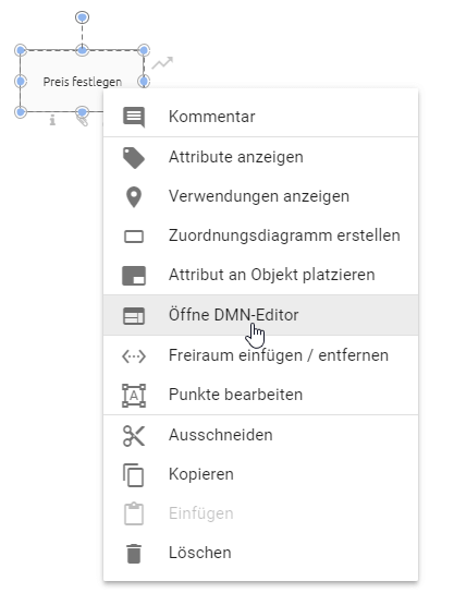 Der Screenshot zeigt die Schaltfläche "Öffne DMN-Editor" im Kontextmenü einer Entscheidung beim Modellieren.