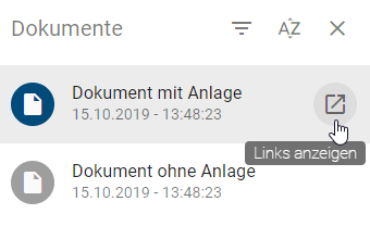 Der Screenshot zeigt die Schaltfläche "Links anzeigen" eines Dokuments mit Anlage in der Dokumentenleiste.