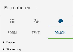 Der Screenshot zeigt den Menüpunkt "Druck" unter Formatieren in der Symbolpalette an.