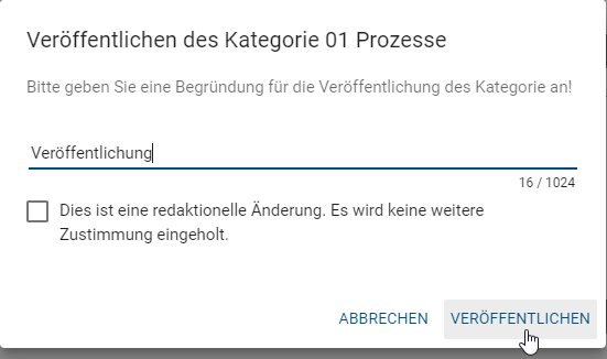 Der Screenshot zeigt das Eingabefenster für den Grund der Kategoriepublizierung.