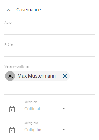 Der Screenshot zeigt die Governance-Attribute eines Diagramms mit dem eingetragenen Verantwortlichen Max Mustermann.