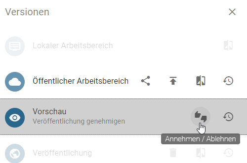 Der Screenshot zeigt die Schaltfläche "Annehmen/Ablehnen" in der Versionsleiste neben dem Bereich "Vorschau".