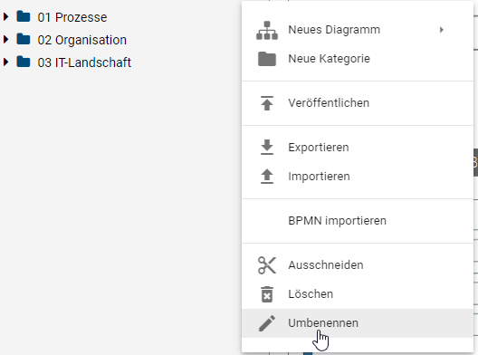 Dieser Screenshot zeigt die Schaltfläche "Umbenennen" im Kontextmenü einer Kategorie.