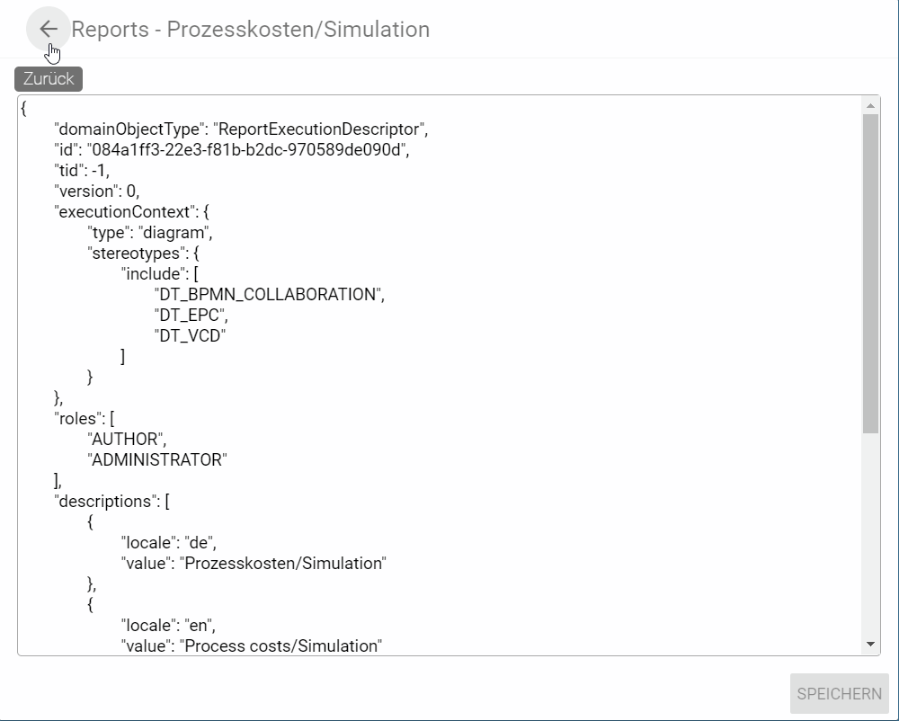 Hier wird ein beispielhafter Report Deskriptor mit dem zugehörigen Bearbeitungsbereich und dem "Zurück" Pfeil angezeigt.