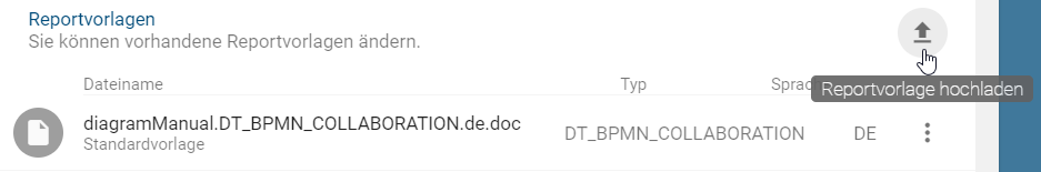 Der Screenshot zeigt den Button "Reportvorlage hochladen" für neue Berichtsvorlagen des Handbuchs.