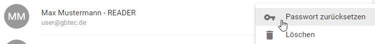 Der Screenshot zeigt die Option "Passwort zurücksetzen" eines Benutzers in der Administration.