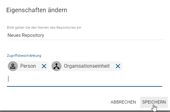 Hier wird das Eingabefenster zur Zugriffsbeschränkung für eine Person und Organisationseinheit für das Repository angezeigt.