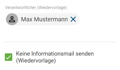 Dieser Screenshot zeigt die Checkbox zur Unterdrückung der Informationsmail.