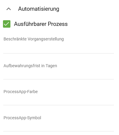 Der Screenshot zeigt die Attributgruppe "Automatisierung", wo das Attribut "Aufbewahrungsfrist" gesetzt werden kann.