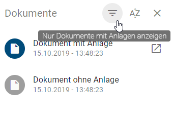 Hier wird die Schaltfläche "Nur Dokumente mit Anlagen anzeigen" in der Dokumentenleiste verdeutlicht.