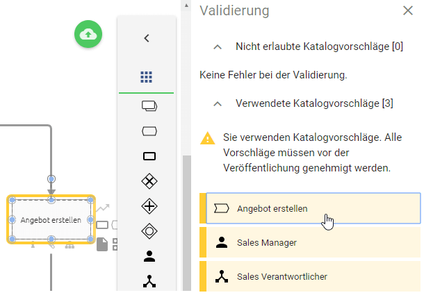 Hier sind noch nicht genehmigte Katalogvorschläge im Validierungsprozess demonstriert.