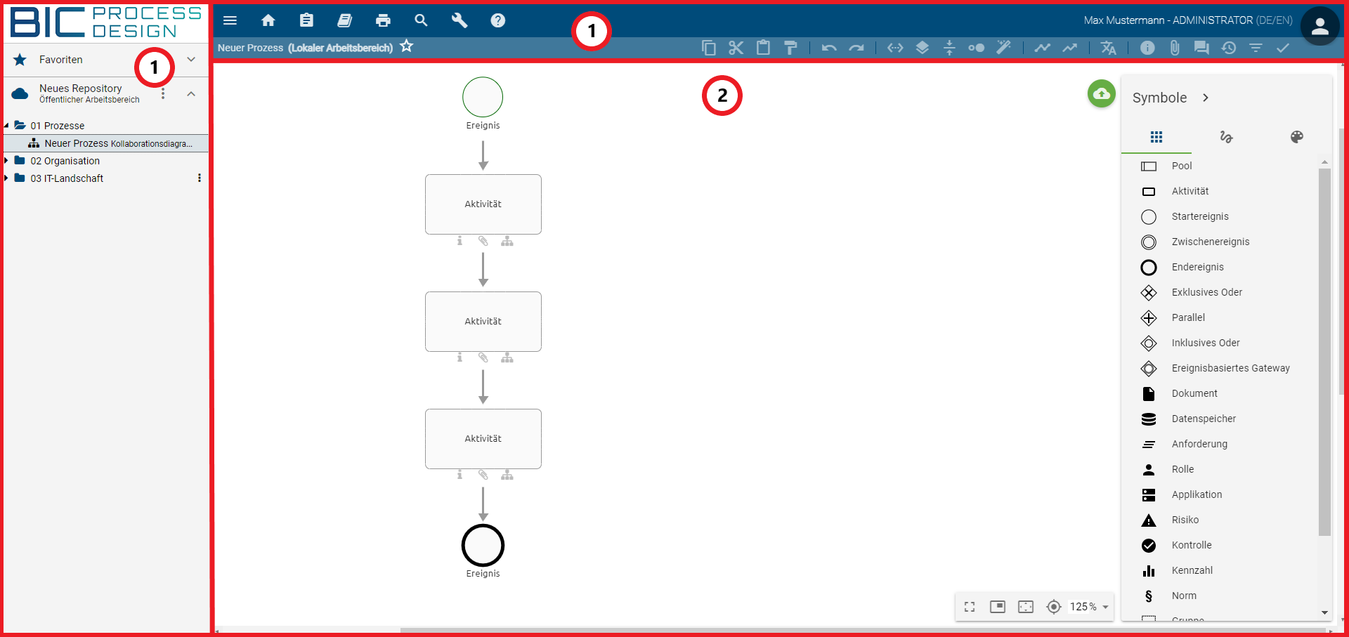 Dieser Screenshot zeigt die verschiedenen Zoom-Bereiche Explorer bzw. Menüleiste und Diagramm.