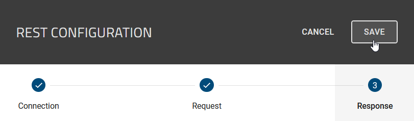 Here the buttons "cancel" and "save" in the REST configuration header are displayed.