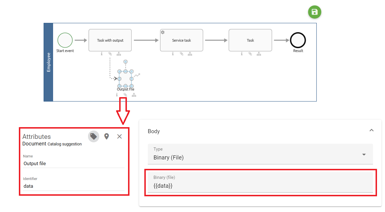 The modeling of an output document at a preceding task is displayed.The attribute "Identifier" has the same value as the field "File" of the request body configuration.