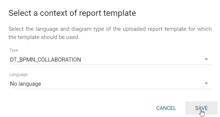 The screenshot shows the dialog window to define the diagram type and language of the template.