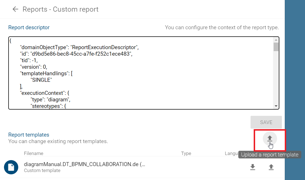 The button to upload a new report template is illustrated here.