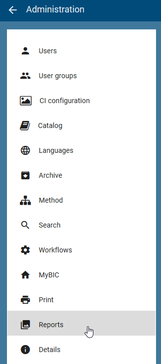 Here, the menu of administration area is displayed and the "Reports" tab is highlighted.