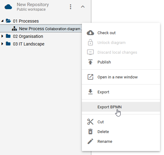 Here, the "Export BPMN" button is displayed in the context menu of a diagram.