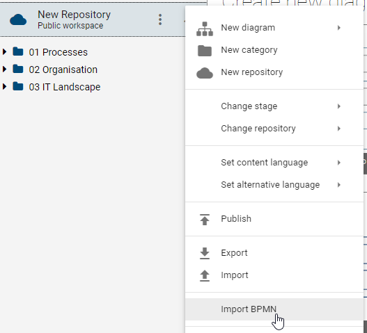 The "Import BPMN" button in the context menu of a diagram is displayed here.