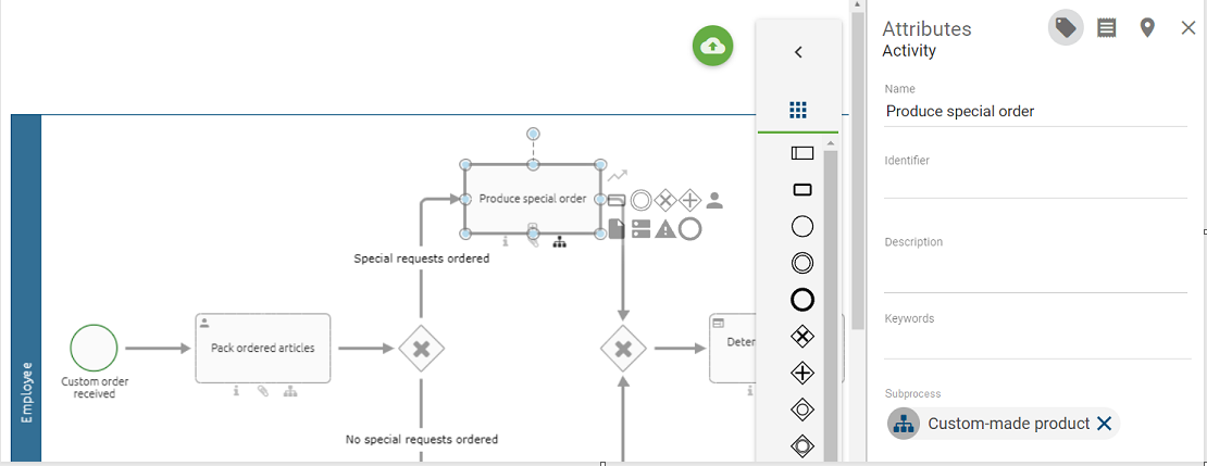 The screenshot shows the details section with the attribute "subprocess" of a call activity.