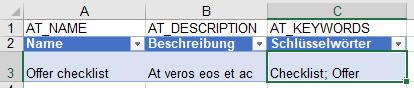 The screenshot shows an xlsx file with a document as list entry, whereby this document contains the multi-value attribute keywords.