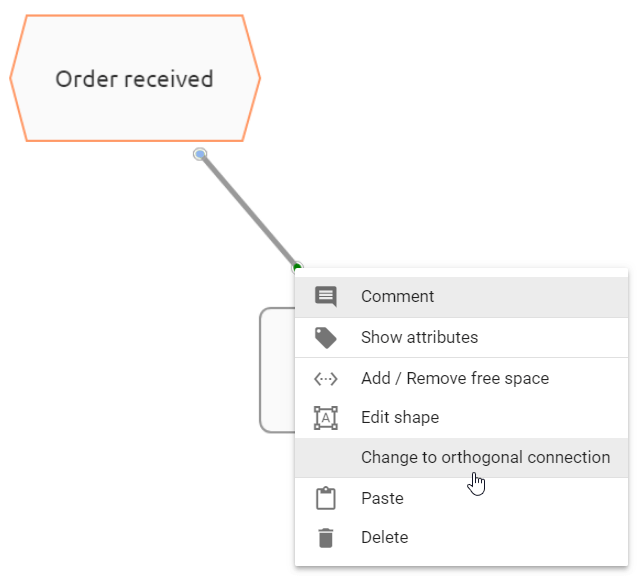 The screenshot shows the "Change to orthogonal connection" button in the context menu of a connection.