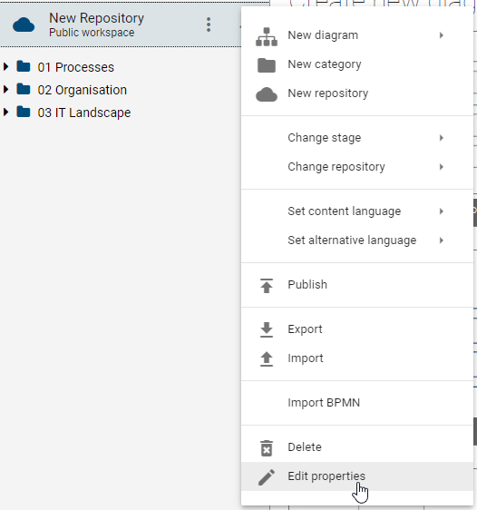 This screenshot shows the "Edit properties" button in the context menu of a diagram.