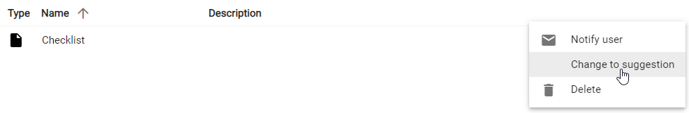 Here, the "Change to suggestion" button of the context menu of a catalog entry is displayed.