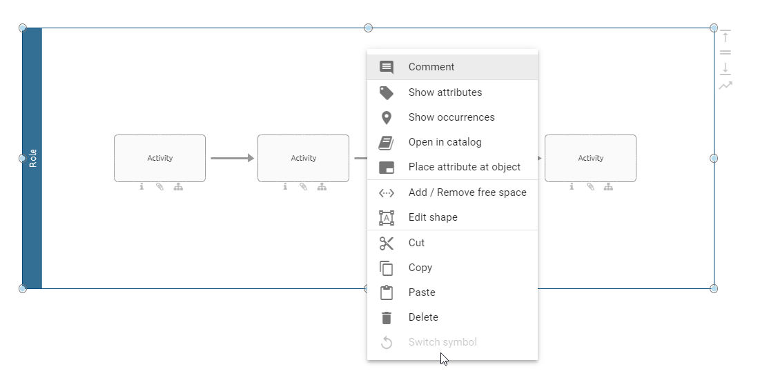 The screenshot shows the greyed out option Switch symbol within the context menu of a pool object.