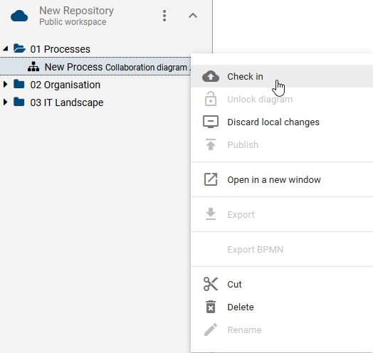 This screenshot shows the "Check in" button in the context menu of a diagram.