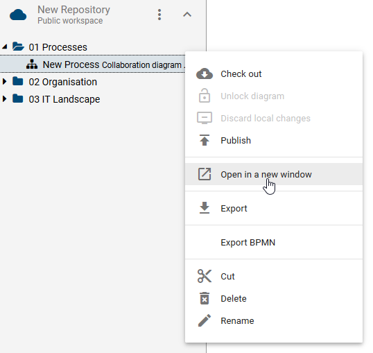 The context menu of a diagram and the selected "Open in new window" button is displayed here.