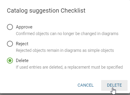 The screenshot shows window to "Delete" a catalog entry.