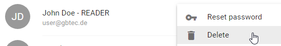 This screenshot illustrates the context menu of an entry in the user administration with the "Delete" option.