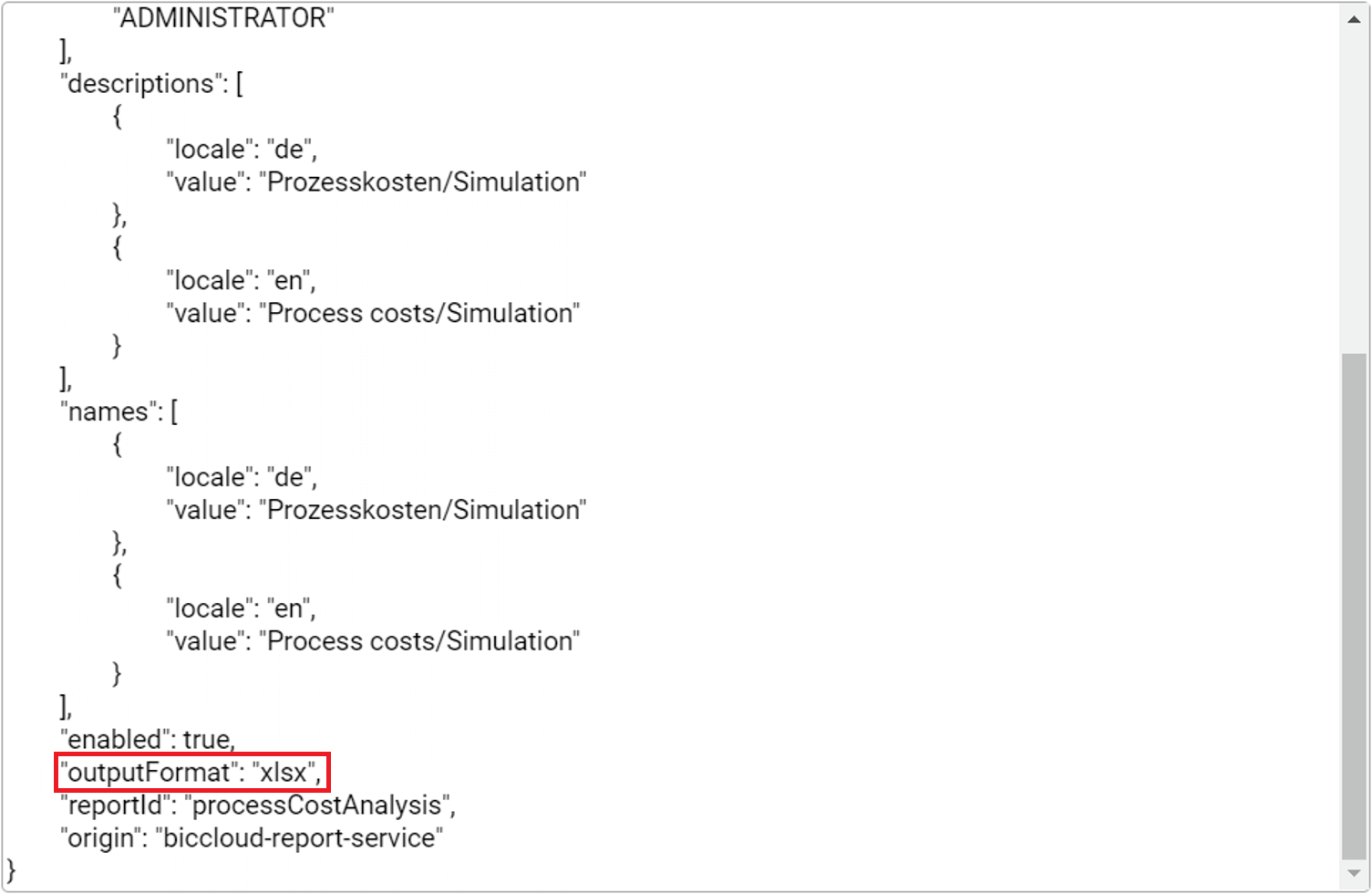 The screenshot shows the report descriptor with the variable "outputFormat" highlighted.