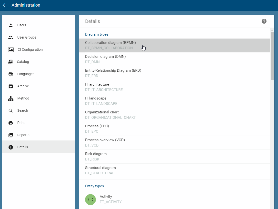 The screenshot shows the "Details" tab in administration and listed diagram and object types.