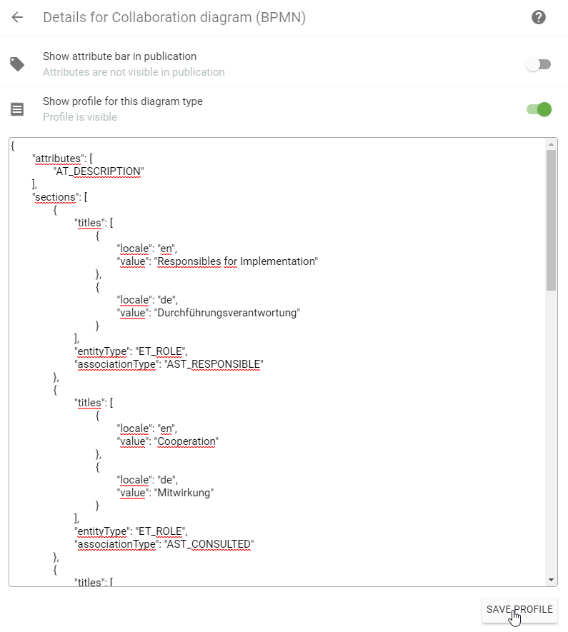 Here, the details and settings for collaboration diagrams (BPMN) are displayed in administration area.