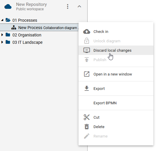 This screenshot shows the "Discard local changes" button in the context menu of a diagram.